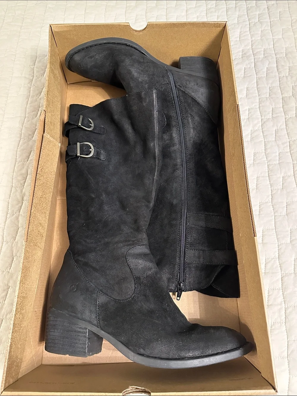 Born “Bley” Black Women's Suede Mid-Calf Boots - Stylish Zip & Buckle Design